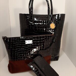 Dark Brown and Dark Red Croco and Suede Leather 3 pcs set